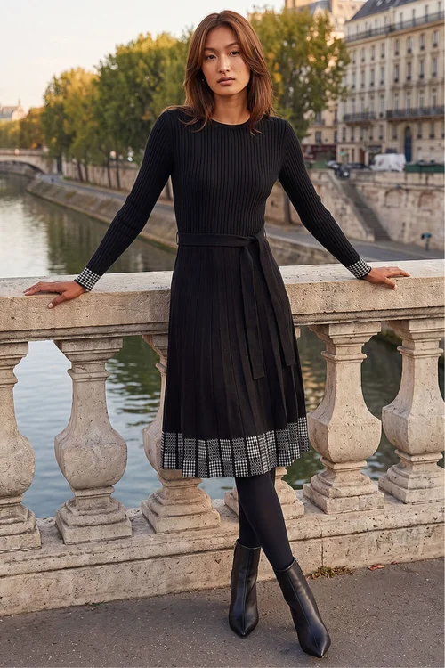 Roman Black Ribbed Stretch Knit Border Print Dress - 10 Image 2