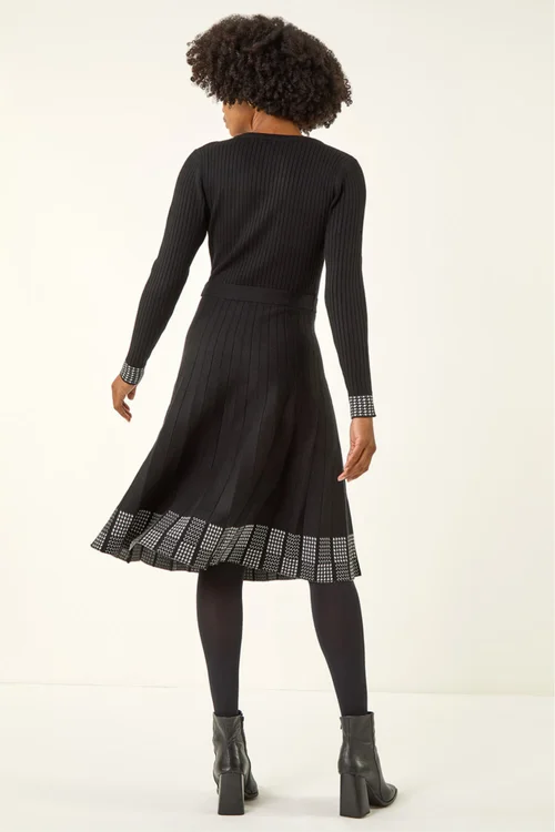 Roman Black Ribbed Stretch Knit Border Print Dress - 10 Image 3