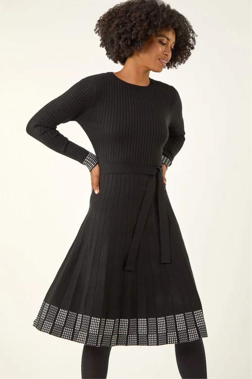 Roman Black Ribbed Stretch Knit Border Print Dress - 10 Image 1