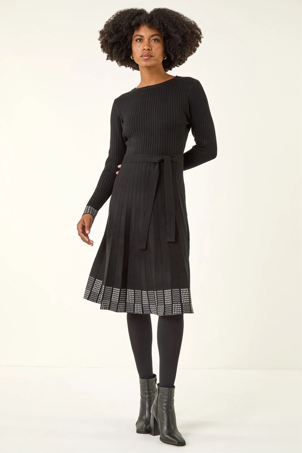 Roman Black Ribbed Stretch Knit Border Print Dress - 10 Image 2