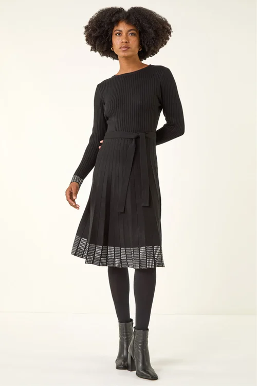 Roman Black Ribbed Stretch Knit Border Print Dress - 10 Image 2