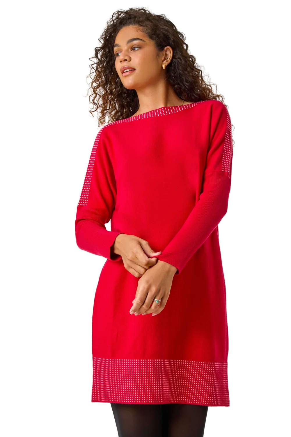 Roman Red Spot Print Border Knitted Jumper Dress - Size 14 Image 1