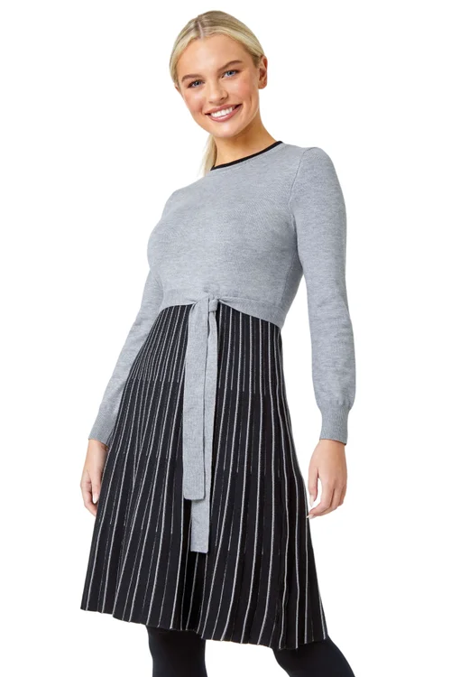 Roman Grey Petite Knitted Fit & Flare Dress - Size 12 Image 1