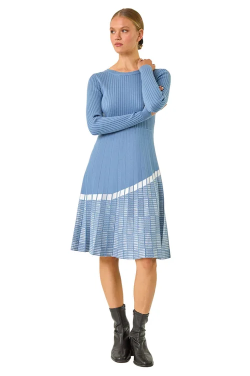 Roman Blue Pleated Border Ribbed Knit Dress - Size 18 Image 2