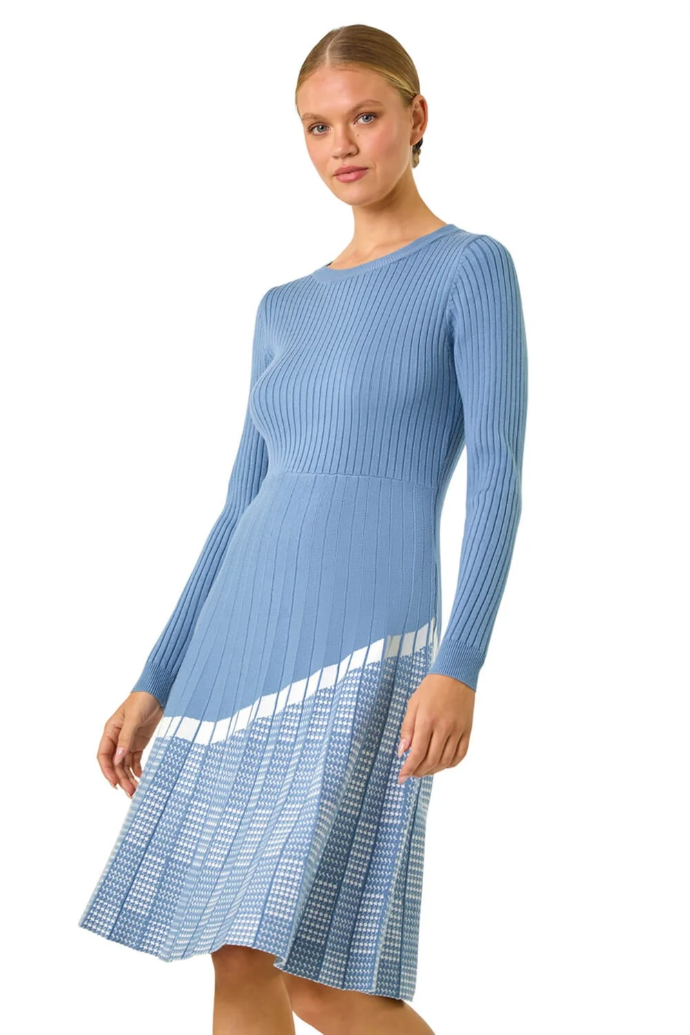 Roman Blue Pleated Border Ribbed Knit Dress - Size 18 Image 1