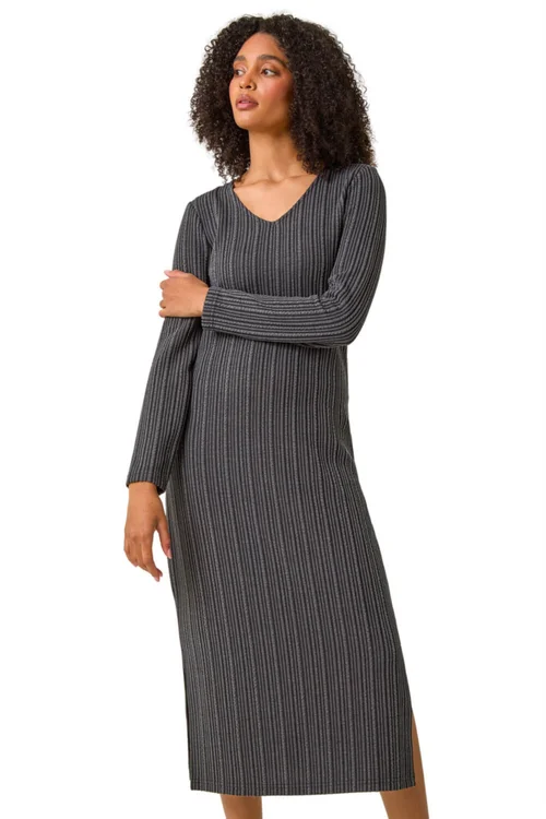 Roman Charcoal Wave Textured V-Neck Stretch Midi Dress - 16 Image 1