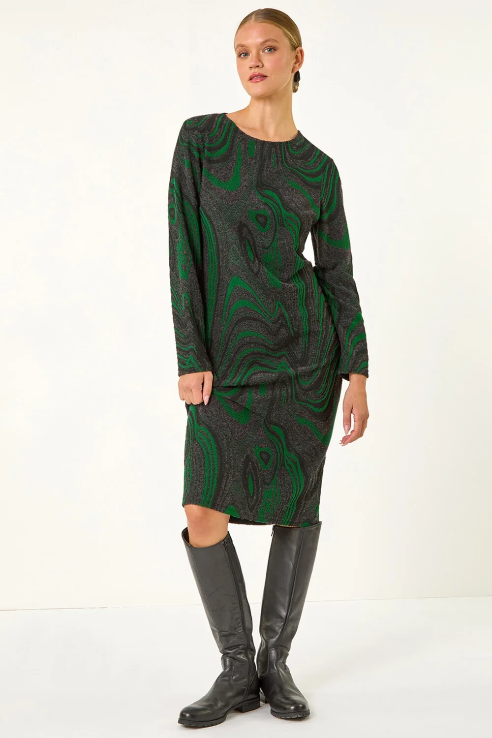 Roman Green Textured Swirl Pattern Stretch Midi Dress - 18 Image 2