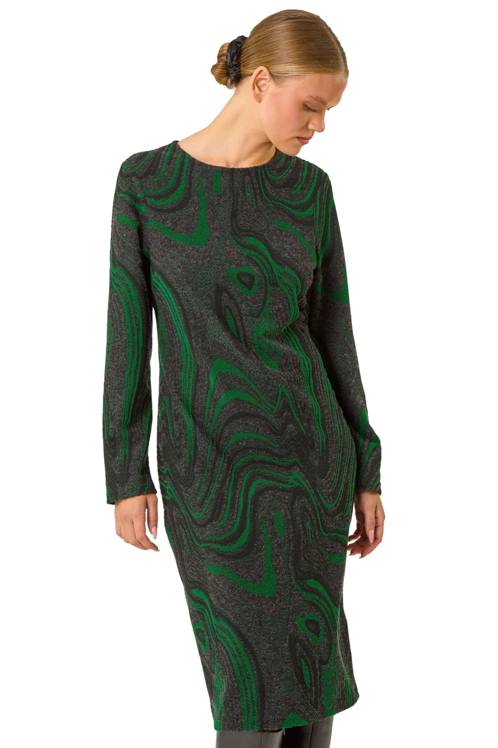 Roman Green Textured Swirl Pattern Stretch Midi Dress - 18 Image 1