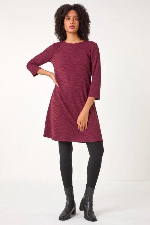 Roman Burgundy Wave Textured Stretch A-Line Dress - 10 Image 3