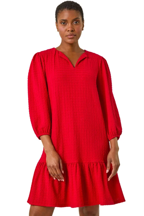 Roman Red Textured V-Neck Frill Hem Smock Dress - 22 Image 1