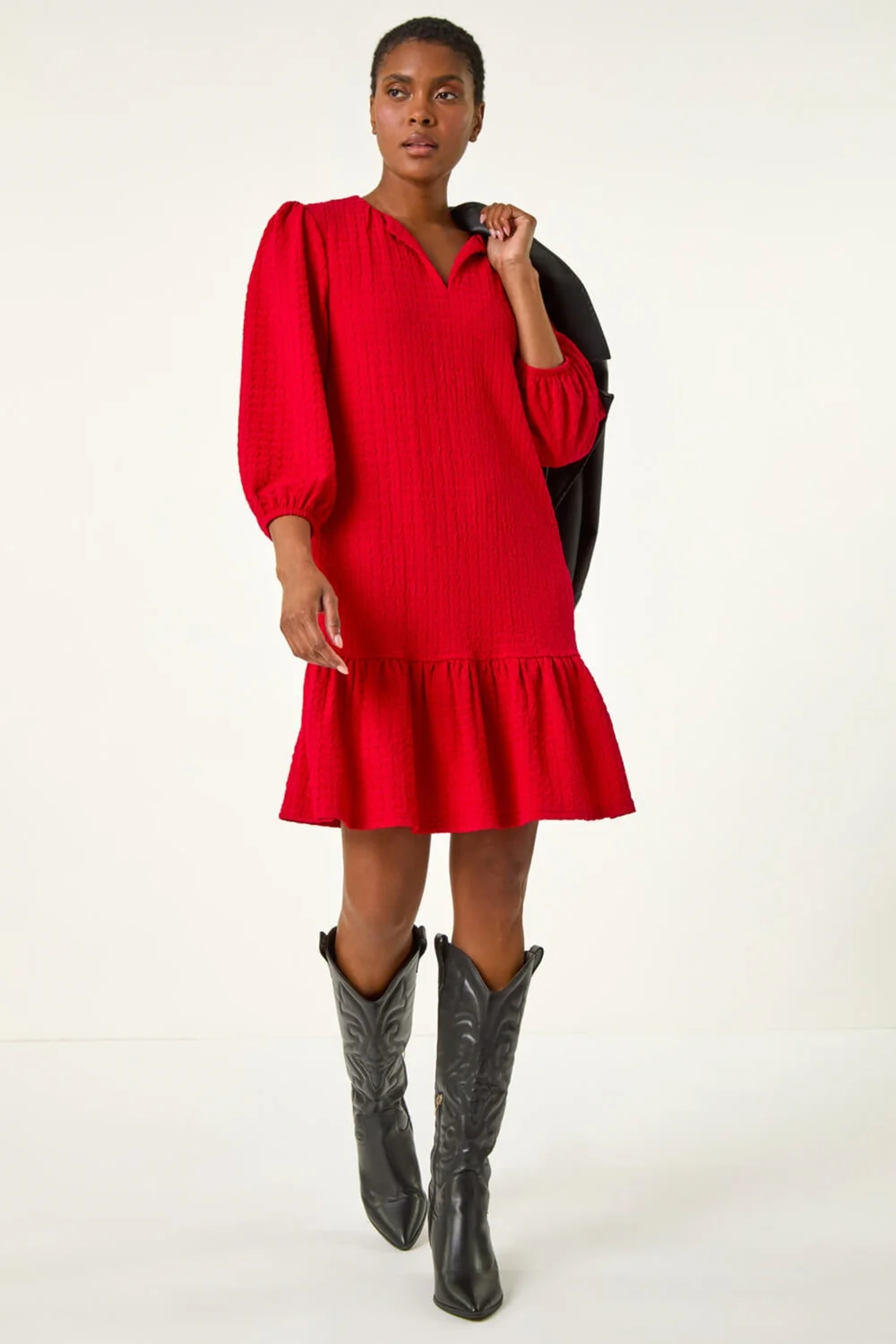 Roman Red Textured V-Neck Frill Hem Smock Dress - 22 Image 3