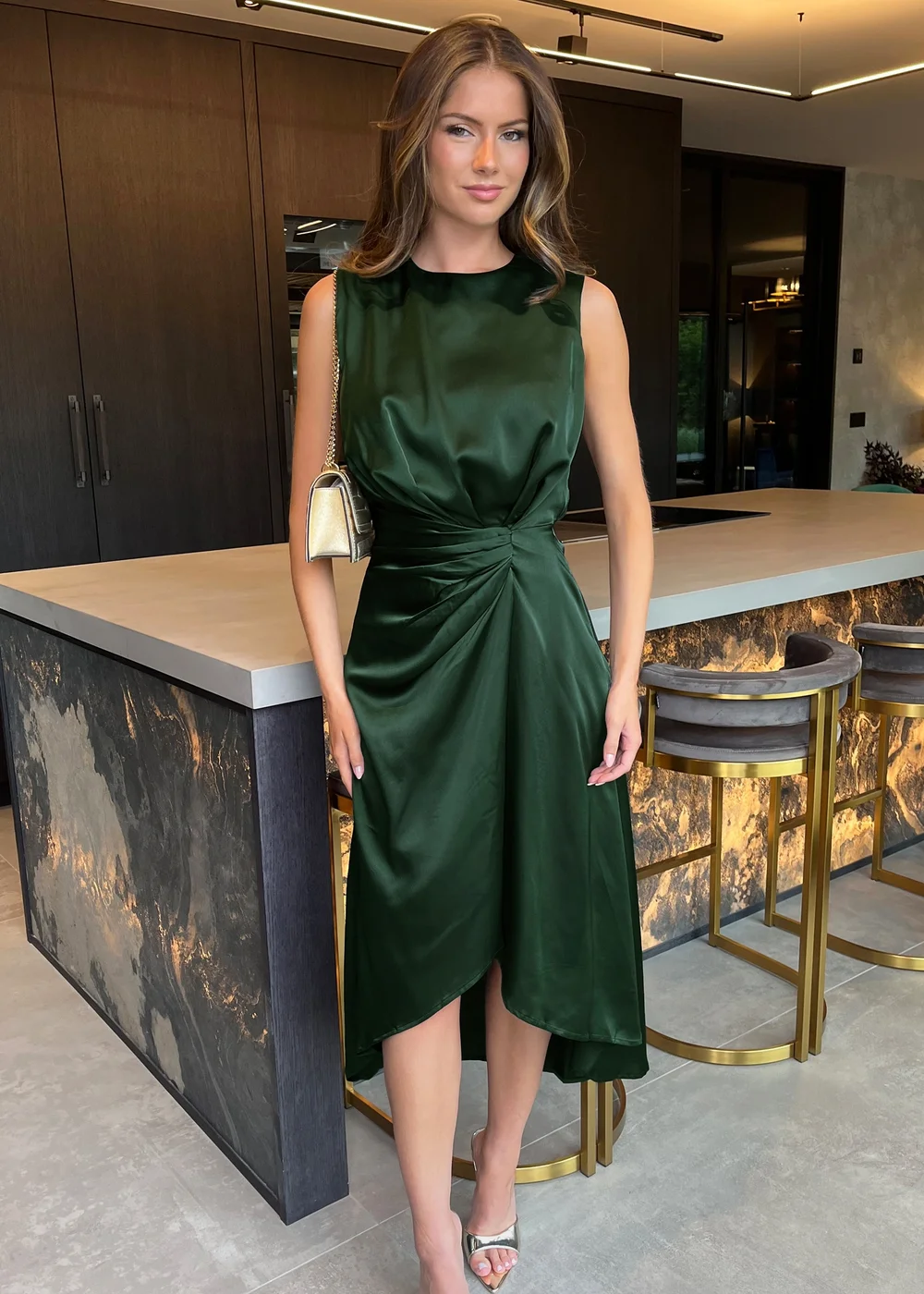 AX Paris Olive Round Neck Shoulder Pads Gathered Midi Dress - 8 Image 4