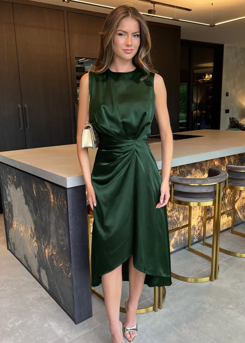 AX Paris Olive Round Neck Shoulder Pads Gathered Midi Dress - 8 Image 4