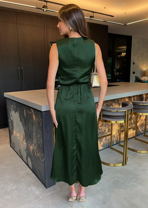 AX Paris Olive Round Neck Shoulder Pads Gathered Midi Dress - 8 Image 2