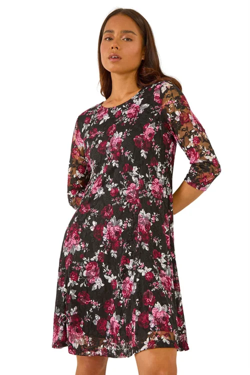 Roman Pink Petite Floral Print Lace Stretch Dress - 10 Image 1