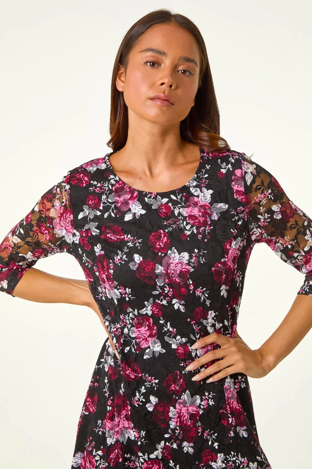 Roman Pink Petite Floral Print Lace Stretch Dress - 10 Image 4