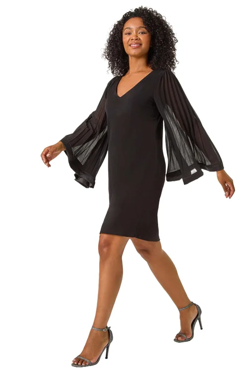 Roman Black Petite V-Neck Pleat Sleeve Shift Dress - 8 Image 1