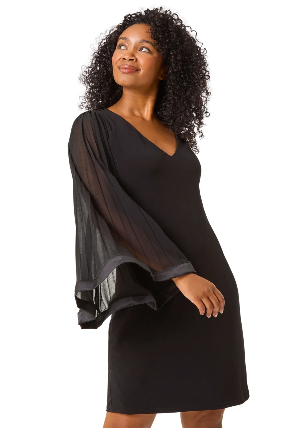 Roman Black Petite V-Neck Pleat Sleeve Shift Dress - 8 Image 3