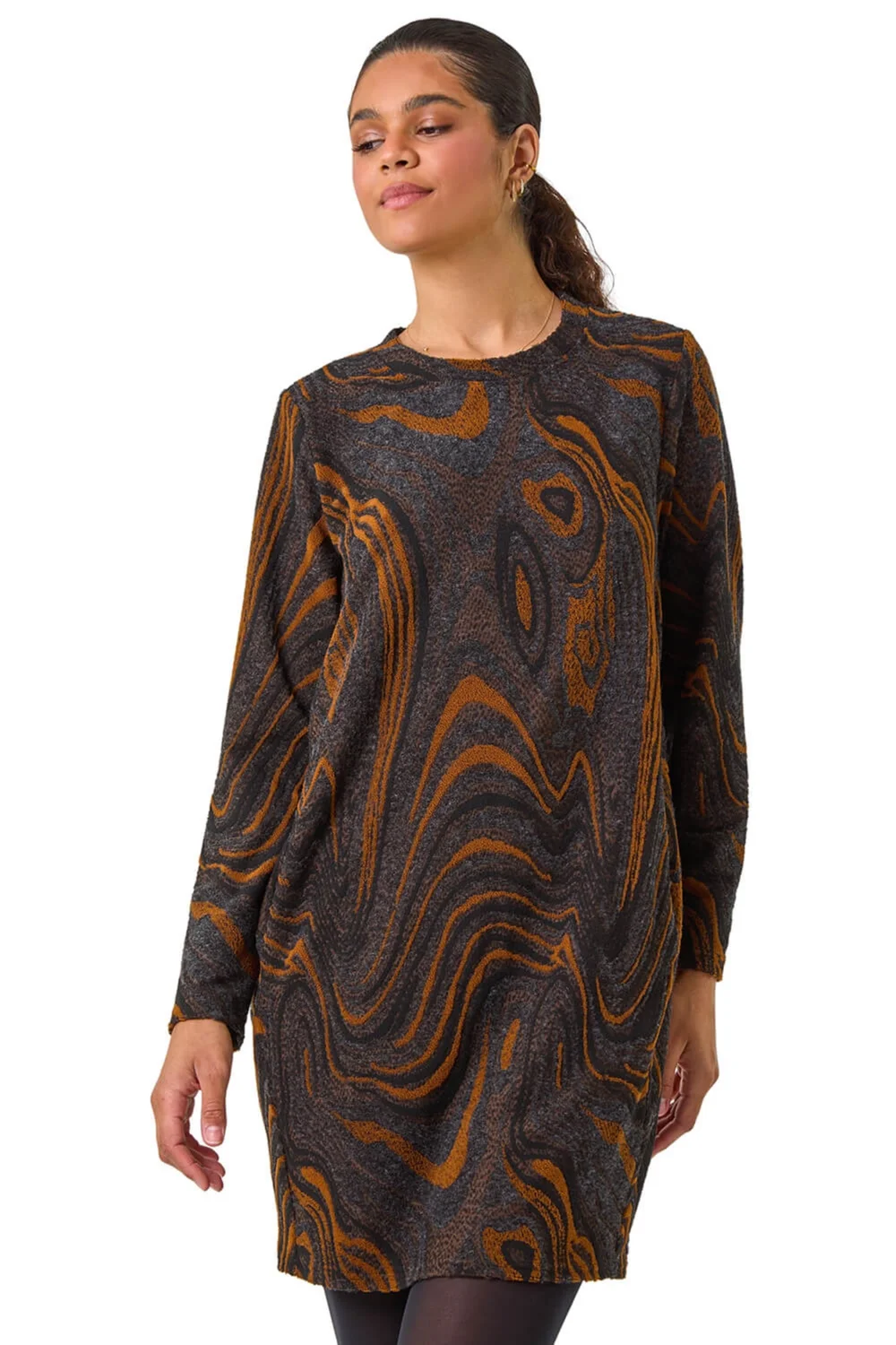 Roman Tan Textured Swirl Pattern Stretch Cocoon Dress - 20 Image 1