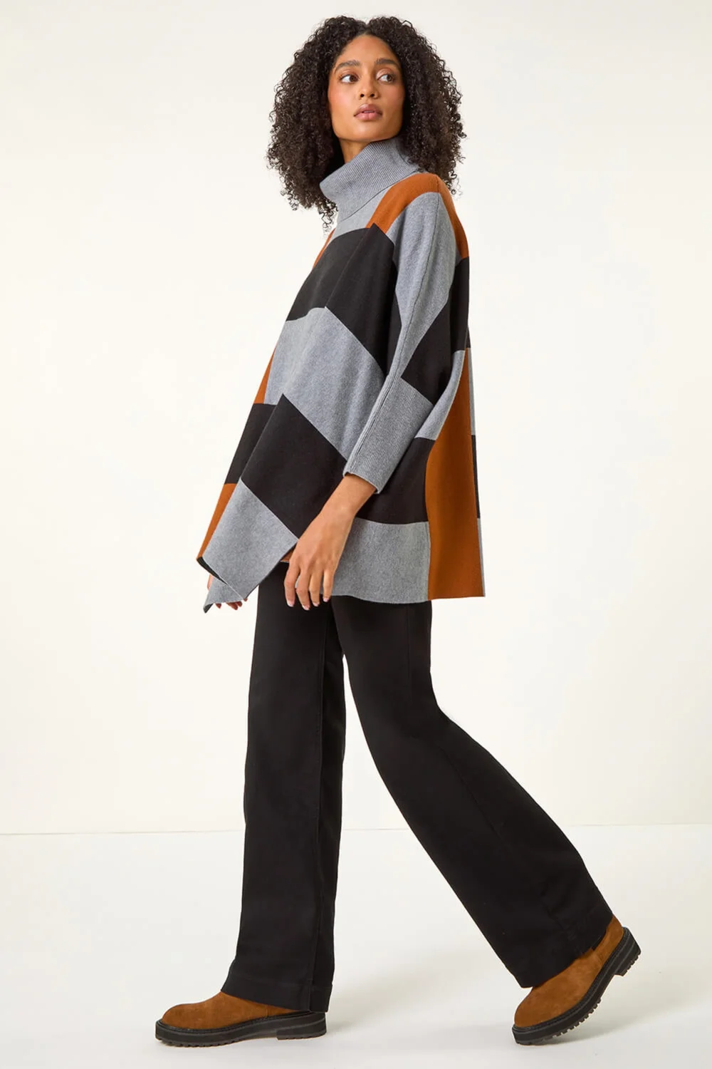 Roman Brown Stripe Colour Block Knit Poncho - One Size Image 3