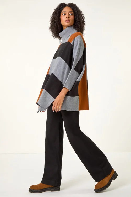 Roman Brown Stripe Colour Block Knit Poncho - One Size Image 3