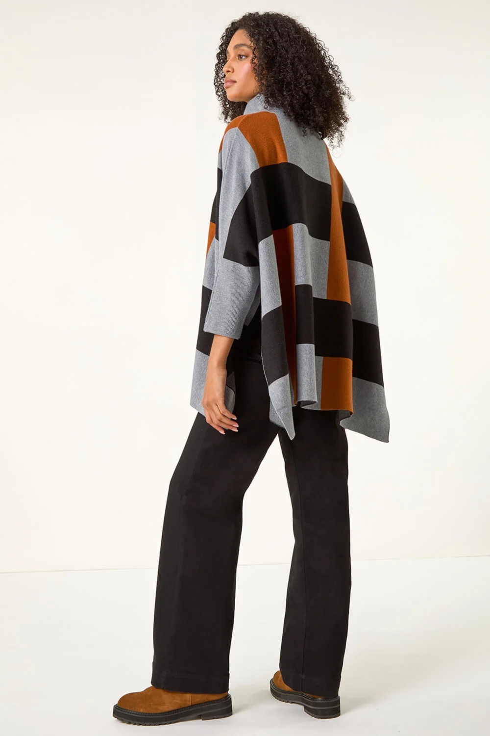 Roman Brown Stripe Colour Block Knit Poncho - One Size Image 4