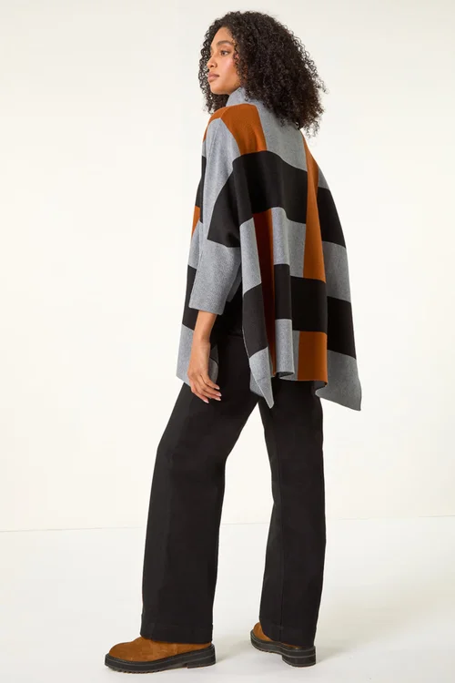 Roman Brown Stripe Colour Block Knit Poncho - One Size Image 4