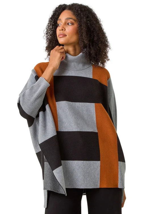 Roman Brown Stripe Colour Block Knit Poncho - One Size Image 1
