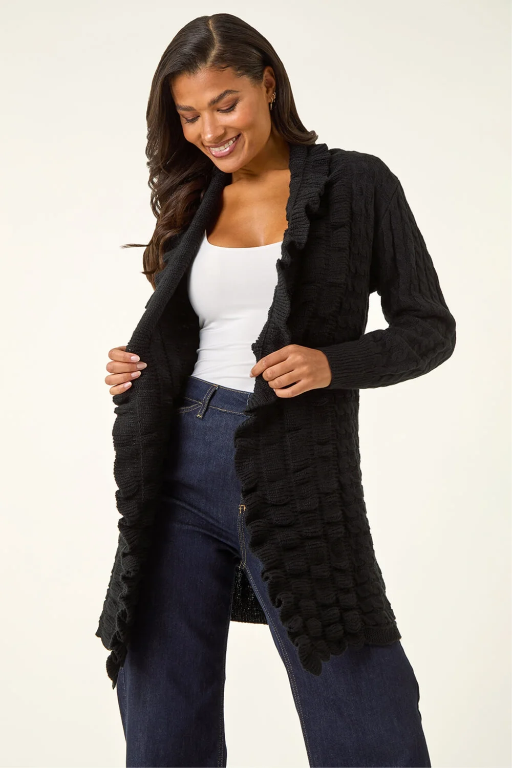 Roman Black Longline Ruffle Detail Cardigan - 12 Image 1