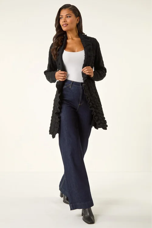Roman Black Longline Ruffle Detail Cardigan - 12 Image 2