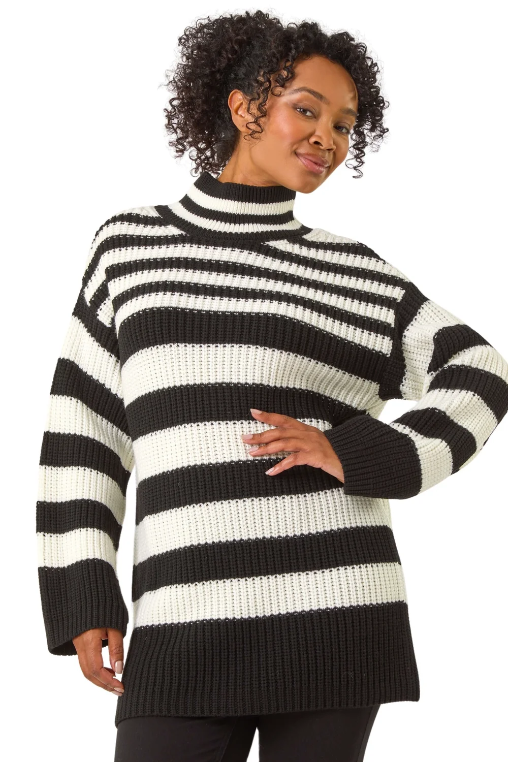 Roman Black Petite Stripe High Neck Jumper - Size 8 Image 1