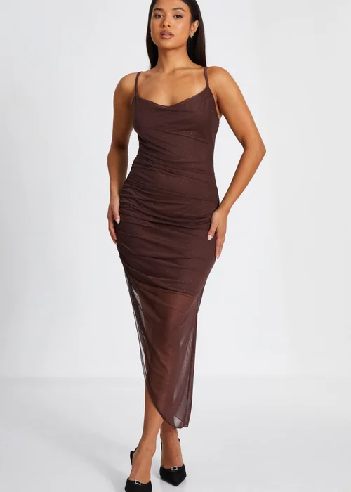 Quiz Brown Petite Glitter Mesh Midaxi Dress - 4 Image 1