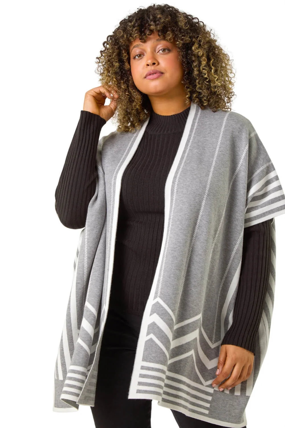 Roman Grey Curve Stripe Hem Square Poncho - Size 18 Image 1