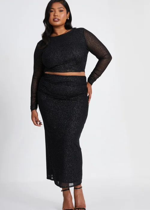 Quiz Black Curve Glitter Mesh Midaxi Skirt - Size 16 Image 1