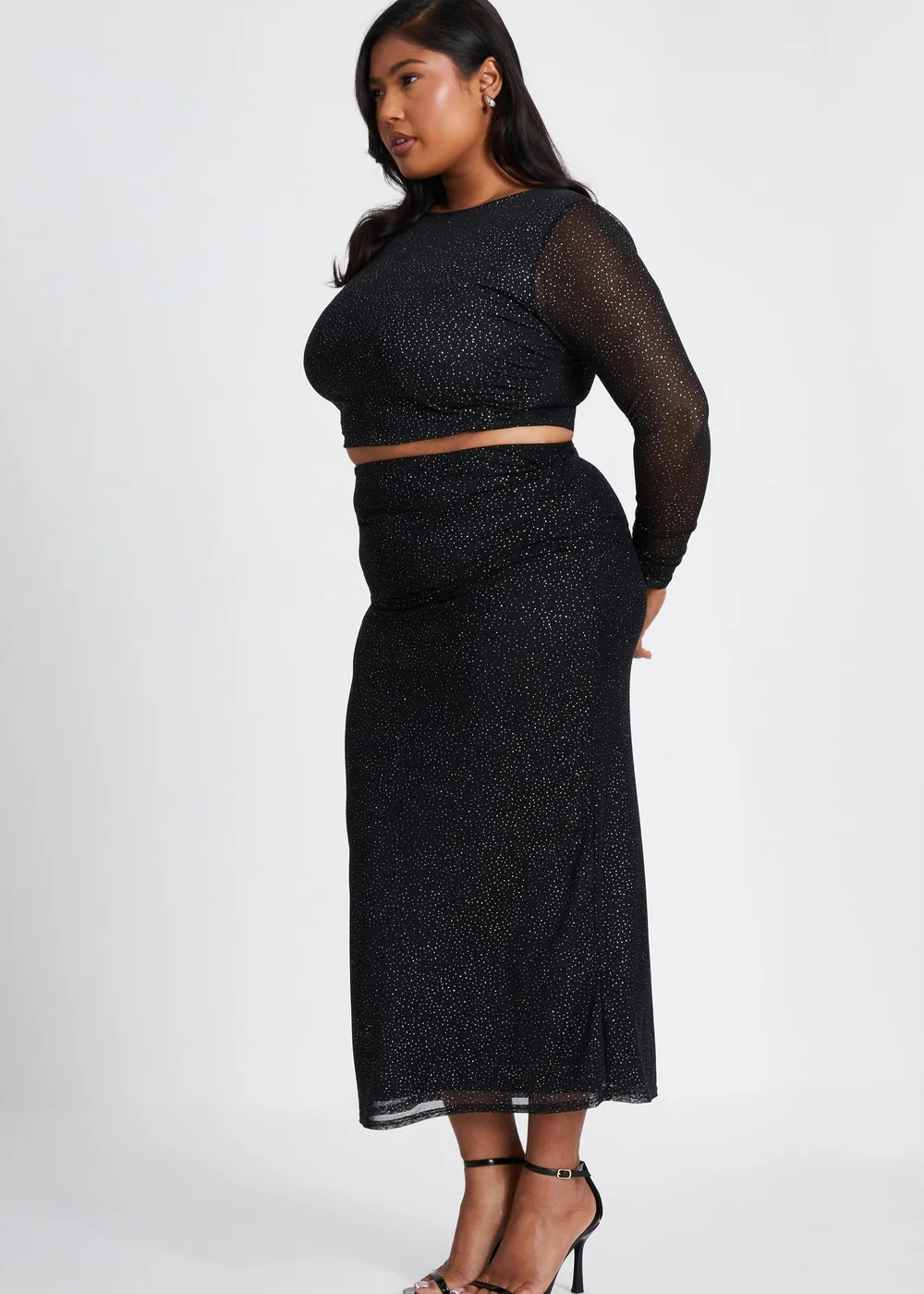 Quiz Black Curve Glitter Mesh Midaxi Skirt - Size 16 Image 3