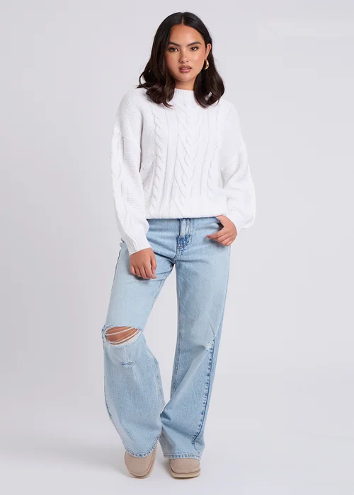 Urban Bliss White Cable & Textured Crew Jumper - S Image 4