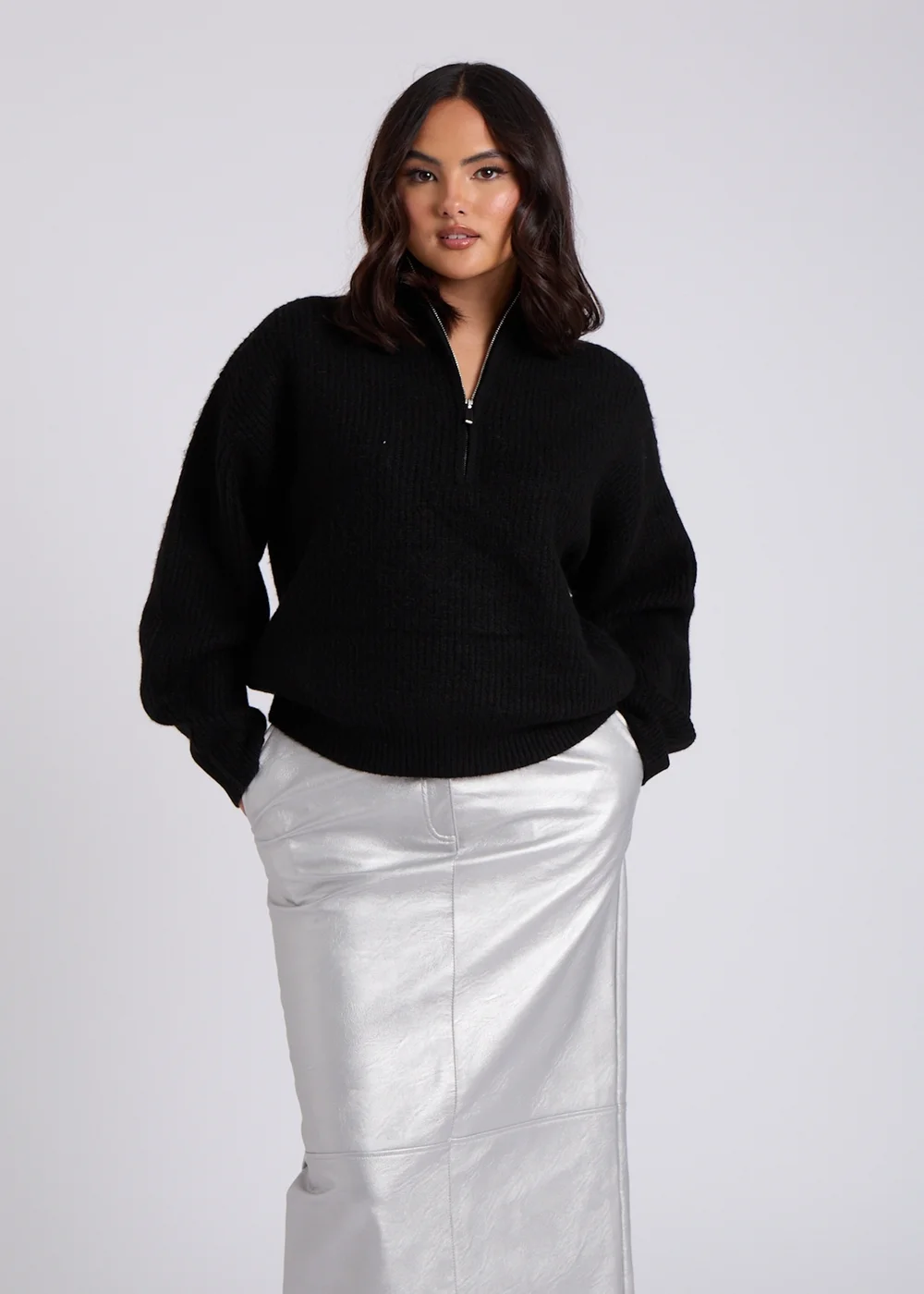 Urban Bliss Black Ribbed Oversized Half Zip Jumper - S Image 3