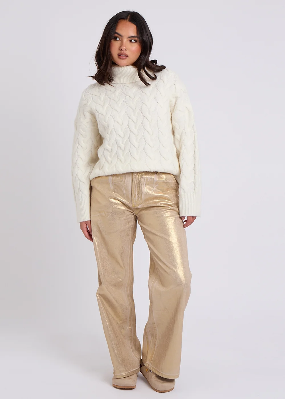 Urban Bliss Cream Cable Roll Neck Jumper - S Image 4