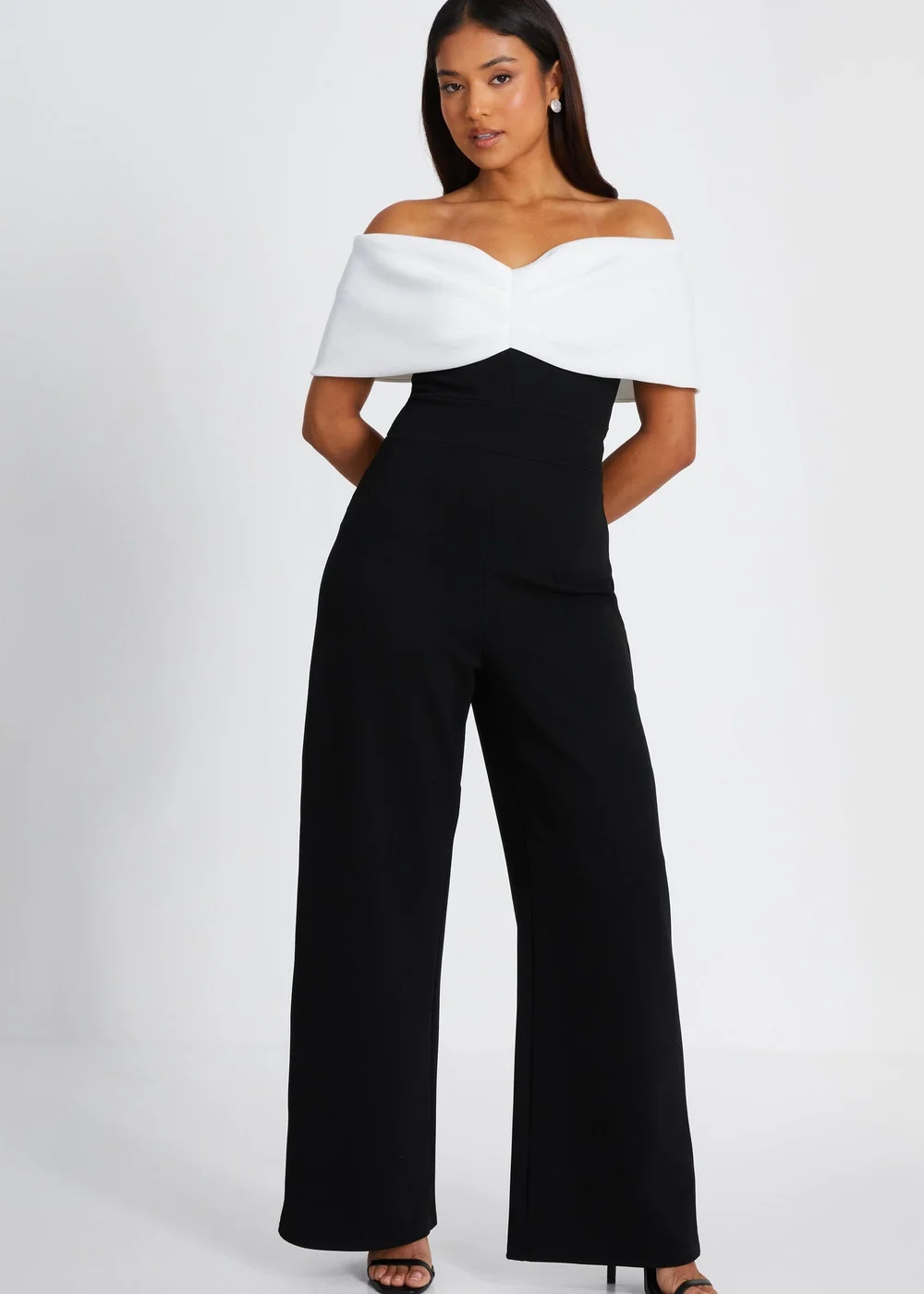Quiz Black Petite Contrast Bardot Palazzo Jumpsuit - Size 6 Image 1