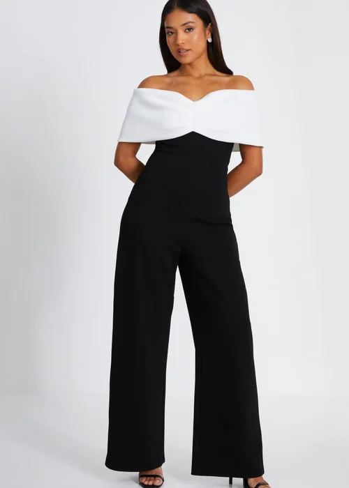 Quiz Black Petite Contrast Bardot Palazzo Jumpsuit - Size 6 Image 1