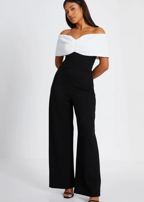 Quiz Black Petite Contrast Bardot Palazzo Jumpsuit - Size 6 Image 3