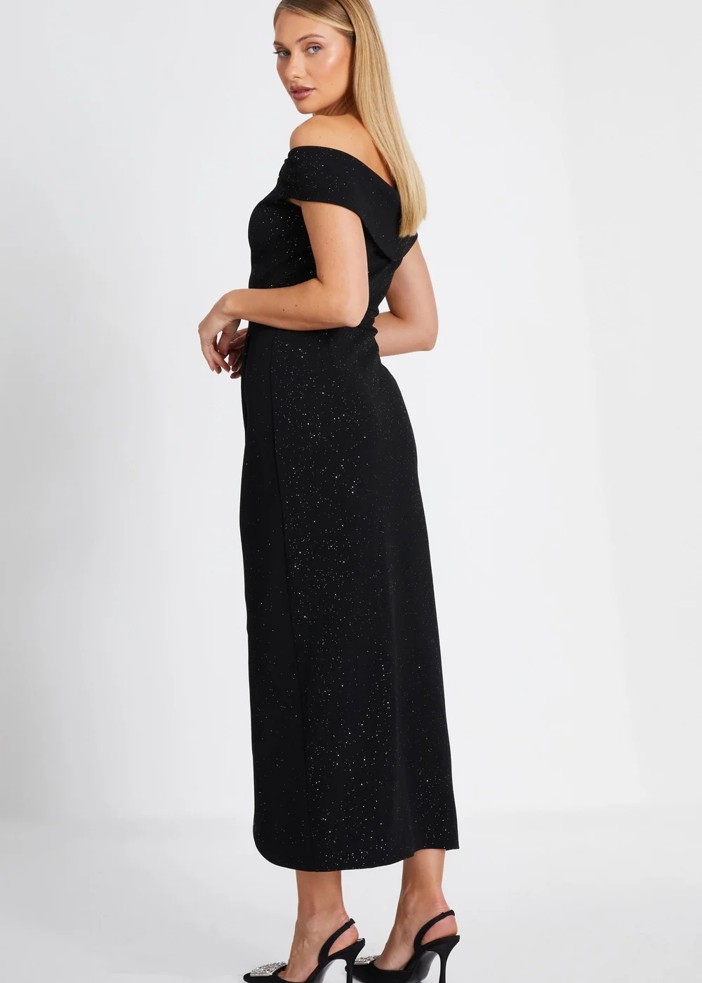 Quiz Black Glitter Bardot Midi Dress - 16 Quiz Black Glitter Bardot Midi Dress - 16