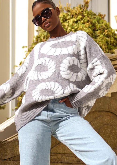 Quiz Grey Knit Printed Jumper - S Image 1