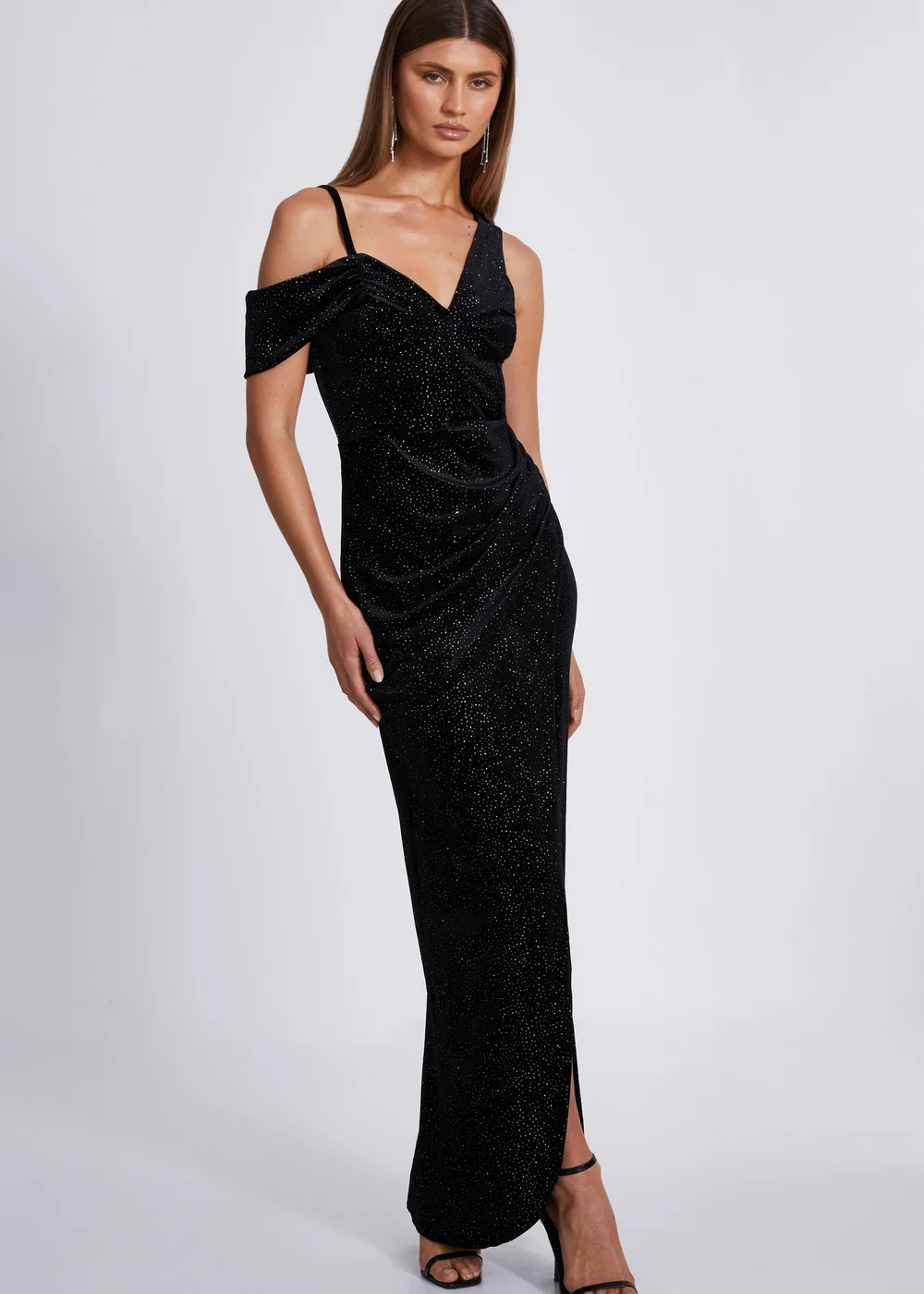 Quiz Black Velvet Glitter Maxi Dress - 6 Image 1