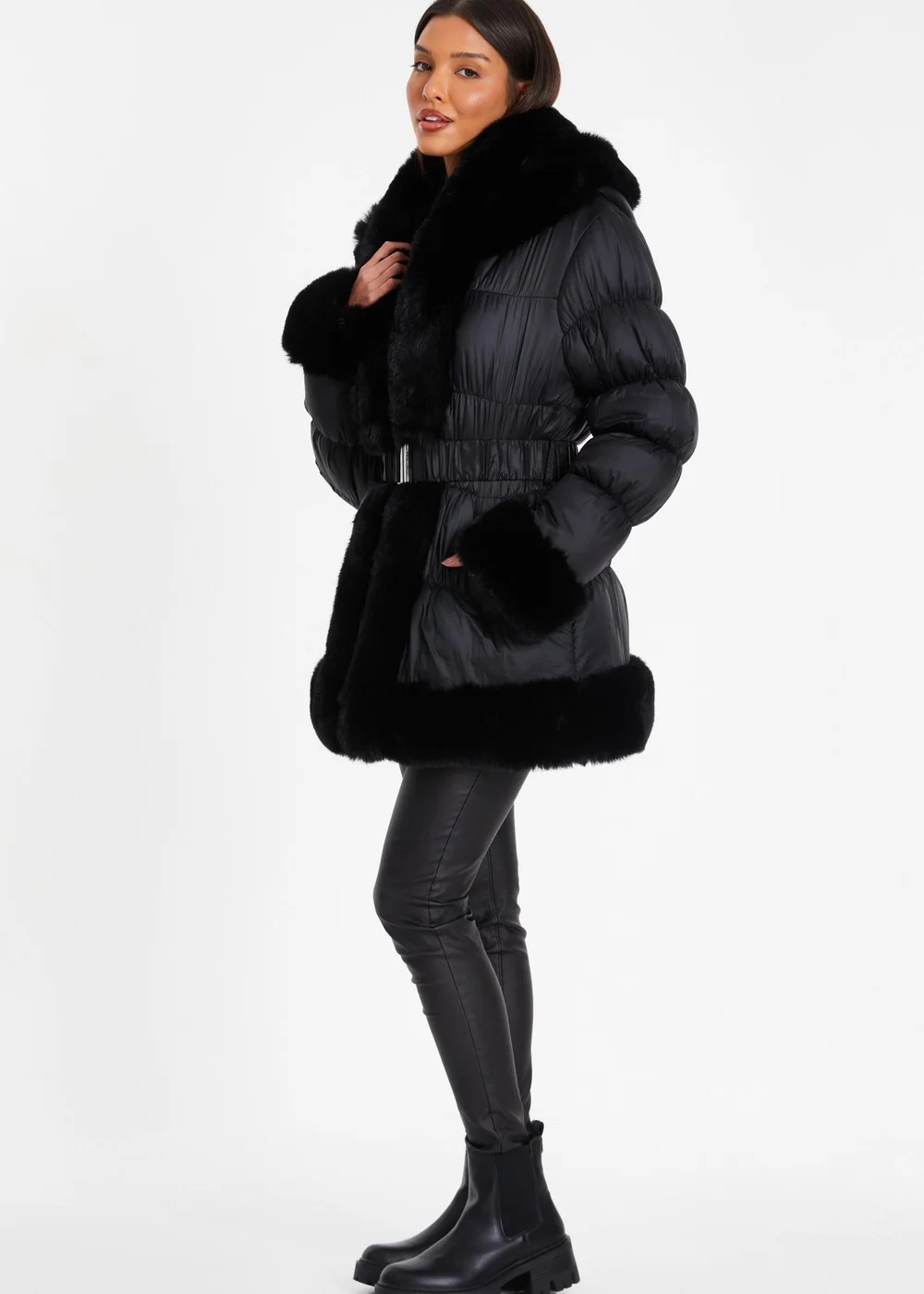 Quiz Black Padded Faux Fur Trim Jacket - 4 Image 3