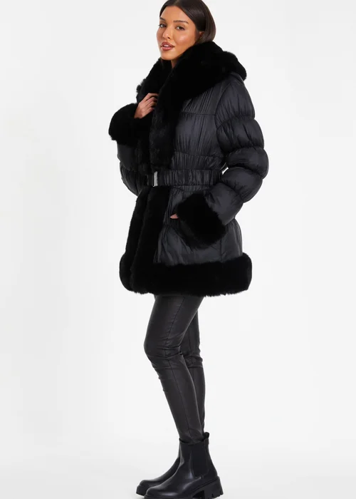 Quiz Black Padded Faux Fur Trim Jacket - 4 Image 3