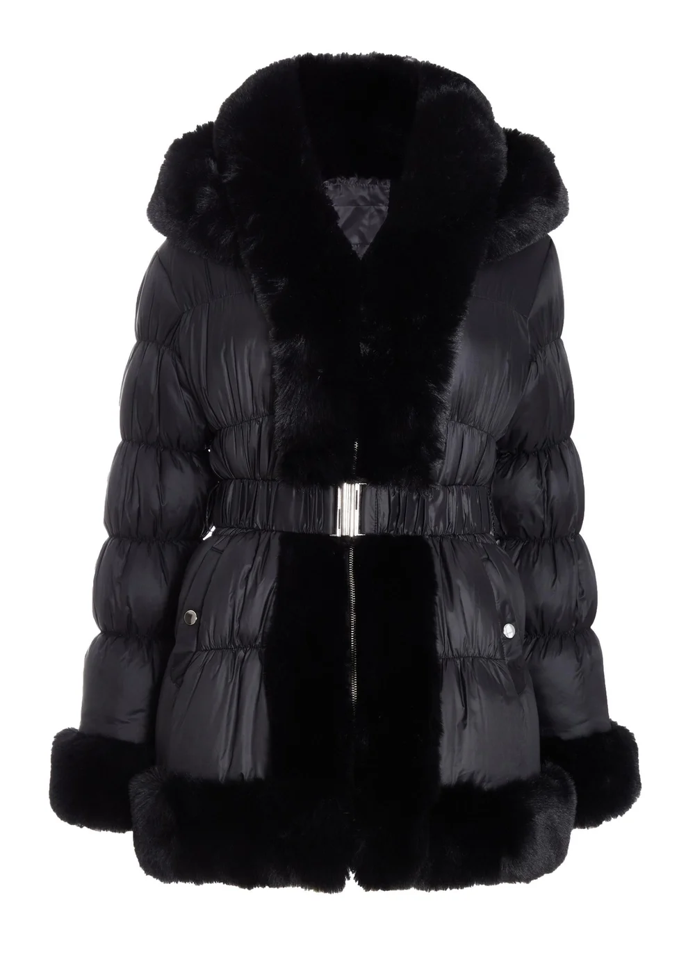 Quiz Black Padded Faux Fur Trim Jacket - 4 Image 4