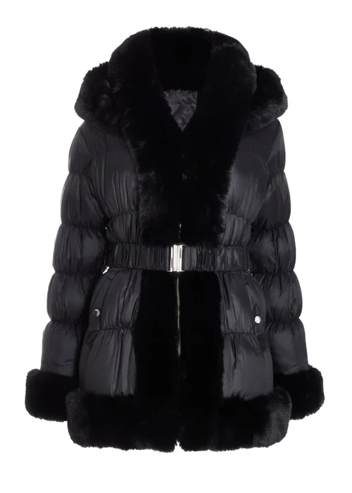 Quiz Black Padded Faux Fur Trim Jacket - 4 Image 4