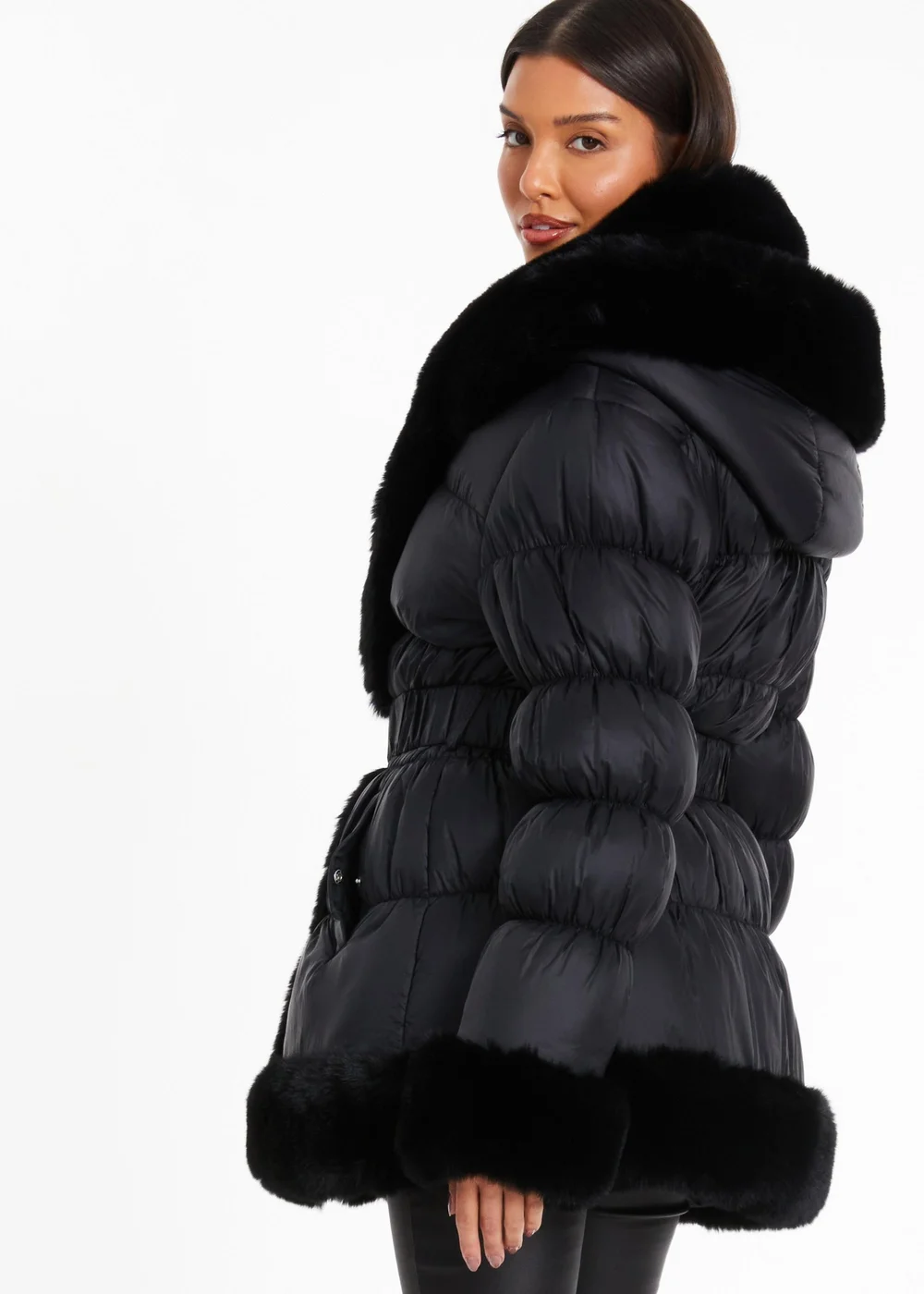 Quiz Black Padded Faux Fur Trim Jacket - 4 Image 2