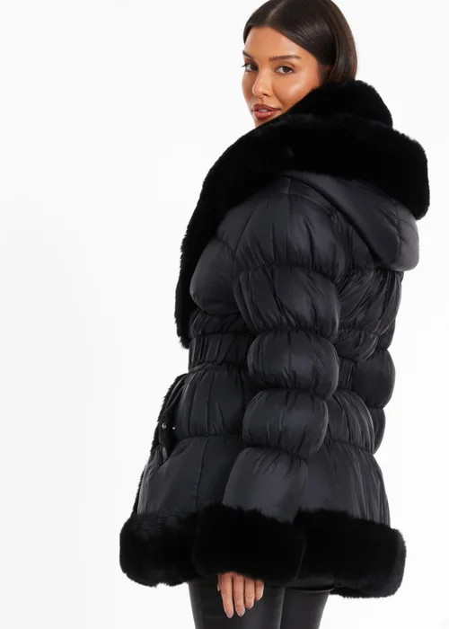 Quiz Black Padded Faux Fur Trim Jacket - 4 Image 2